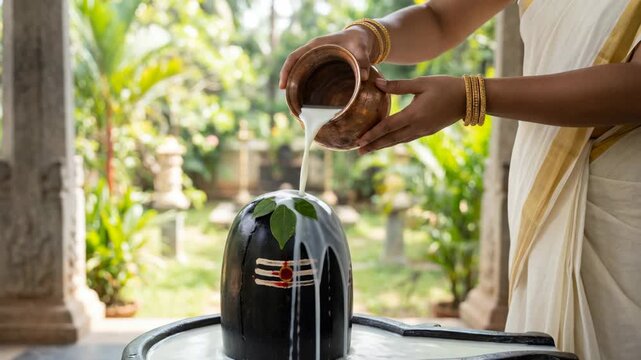  Close-up of sacred abhishekam ritual with hands pour milk and honey from a copper vessel onto a Shiva Lingam with bilva leaves. Traditional Hindu worship for Maha Shivaratri and Shravan celebration.