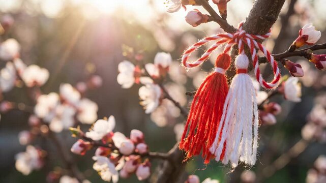 Traditional Martisor or tassel tied to a blooming apple tree branch. Red and white string symbol of spring, rebirth, and Balkan folklore celebration on a sunny blurred background.