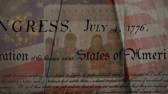 Animation of constitution of america and july 4th calendar over american flag and people celebrating