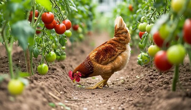 Orange-brown hen pecking at ground in greenhouse tomato garden, chicken foraging between rows of tomato plants, red and green tomatoes hanging on vines on both sides
