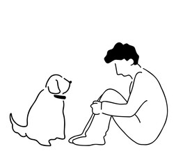 膝を抱える男性と犬の線画イラスト