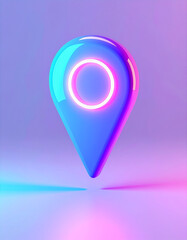 Vibrant 3D location pin icon with pink and blue neon gradient lighting