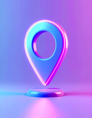 Vibrant 3D location pin icon with pink and blue neon gradient lighting