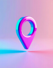 Vibrant 3D location pin icon with pink and blue neon gradient lighting