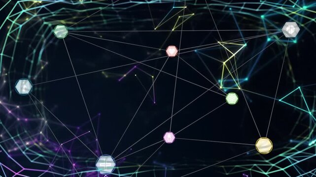 Animation of network of connections with icons over black background and constellations