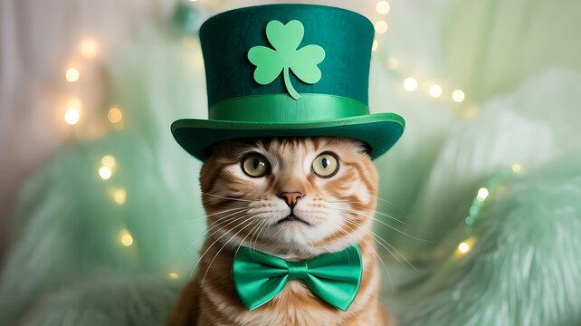 St. Patrick&rsquo;s Day Cat &ndash; Festive Green Hat, Shamrock, and Bow Tie in Whimsical Holiday Setting