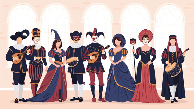 Elegant group of people dressed in traditional medieval or renaissance masquerade ball costumes and masks holding musical instruments.