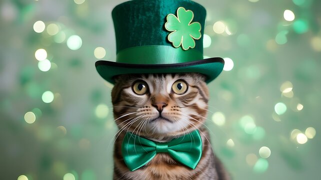 St. Patrick&rsquo;s Day Cat &ndash; Festive Green Hat, Shamrock, and Bow Tie in Whimsical Holiday Setting