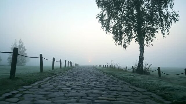 Misty morning scenic view of cobblestone path with tree and fog landscape.