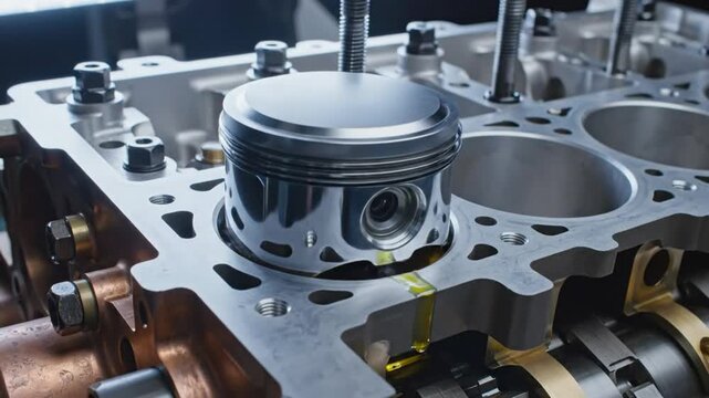 Close-up of a piston moving inside an engine block, oil lubrication system, and parts
