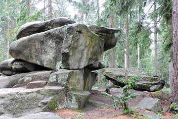 Chybotek, called a wobbling stone, in a forest in the Polish part of The Karkonosze Mountains, Szklarska Poręba