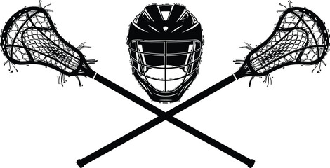 Professional lacrosse equipment silhouette featuring crossed sticks and a protective helmet for school sports team branding and logos © Bappi