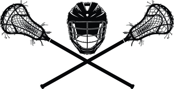 Professional lacrosse equipment silhouette featuring crossed sticks and a protective helmet for school sports team branding and logos
