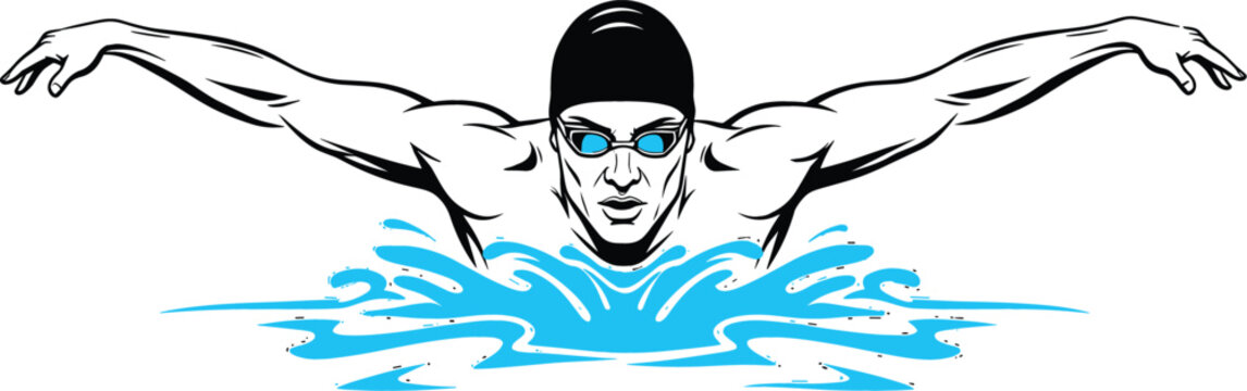 Modern line art illustration of a male swimmer in butterfly stroke with bright cyan water splashes and goggles