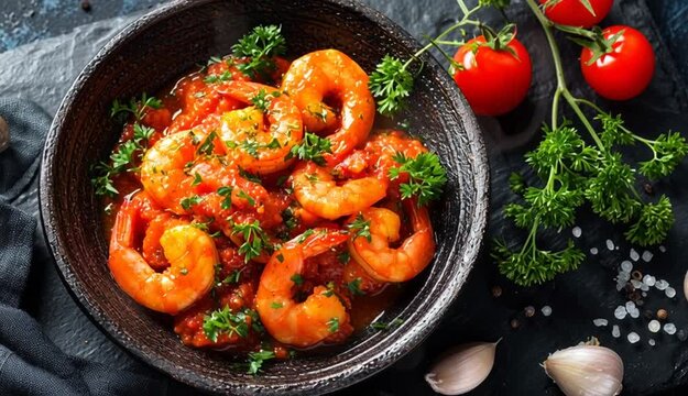 Cooked shrimp in tomato sauce served in dark rustic bowl, garnished with fresh parsley, cherry tomatoes, garlic cloves scattered on dark blue-gray slate surface