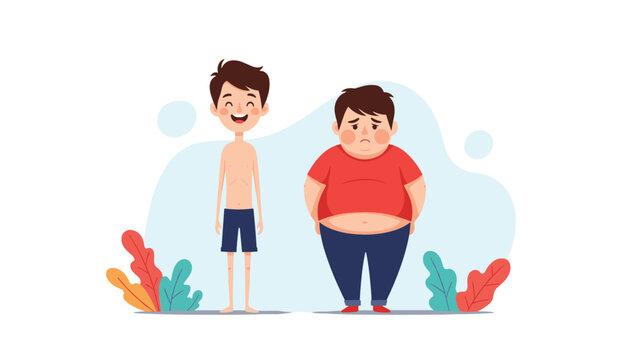 Educational illustration comparing the body types of a healthy thin boy and an overweight boy to highlight childhood obesity and nutrition awareness.