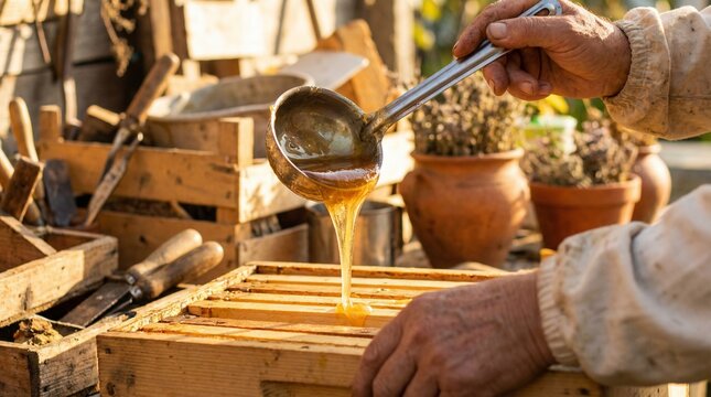 Beekeeper pouring honey into wooden frames during harvest season  