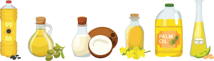 Organic vegetable cooking oils set featuring sunflower olive coconut palm and soybean oil in glass bottles and plastic containers © Bappi
