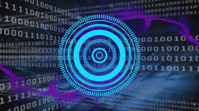 Animation of processing circle, binary code and smoke in black digital space