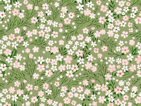 Delicate floral pattern with small white and pink blossoms on green