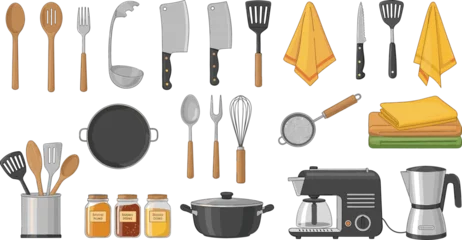 Professional kitchen equipment and cooking tools set featuring coffee maker kettle pots knives wooden spoons and spice jars vector © Bappi