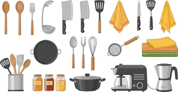Professional kitchen equipment and cooking tools set featuring coffee maker kettle pots knives wooden spoons and spice jars vector
