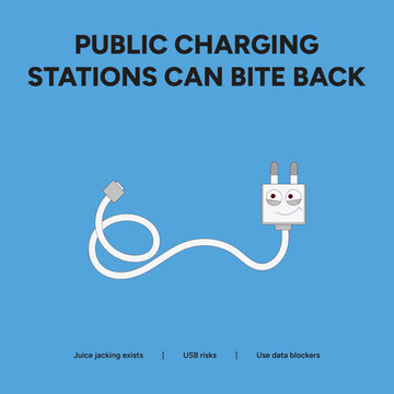 Juice Jacking Prevention: White Charging Cable Illustration on Blue Background Highlighting Public USB Charging Station Risks