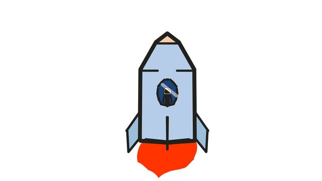 Astronauts in the window of a cartoon rocket. The spacecraft flies upward, emitting a flame of burning fuel from its nozzle.