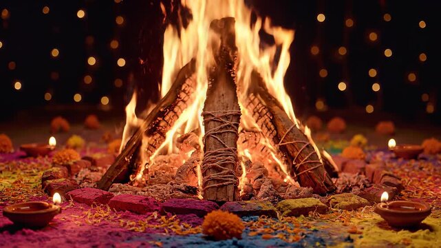 Holika Dahan Bonfire Ritual During Holi Festival Celebration Night