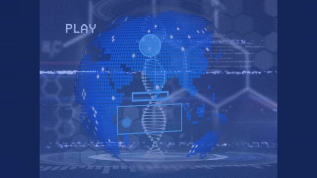 Animation of video tape with dna, globe and scientific data on blue digital screens