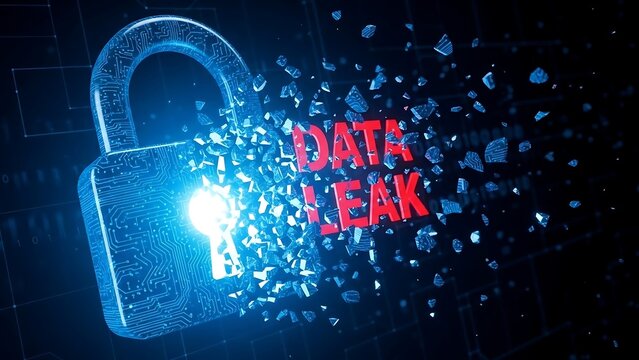 Data leak concept with glowing lock.