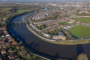Obraz premium Aerial view of the River Ribble loop and historic bridges in Preston UK. 