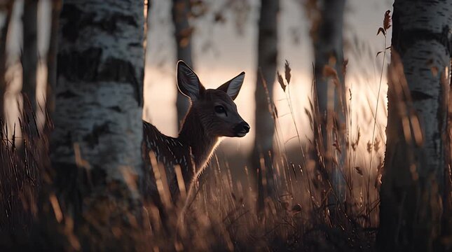 A serene image of a deer gazing through a birch forest, capturing a moment of peacefulness and natural beauty.  Ideal for content about wildlife, natu