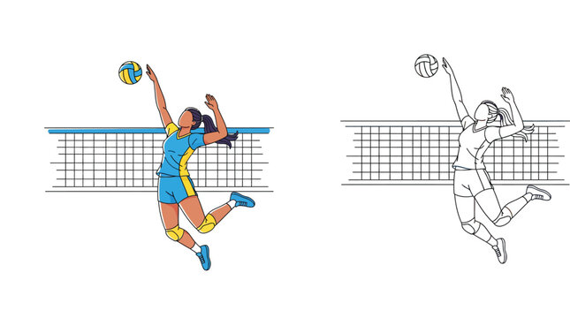 Female volleyball player spiking ball over net vector illustration set. Woman jumping in sport uniform flat design and black white outline sketch for coloring page.