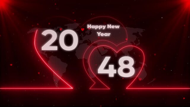 Happy New Year 2048 neon heart with futuristic map background and red lights