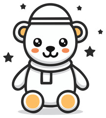 Fototapeta premium Cute polar bear cartoon wearing hat and scarf, with star accents