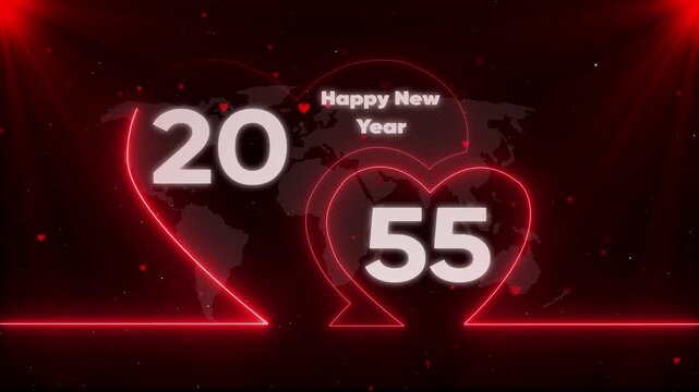 Happy New Year 2055 Neon Heart with Map Background heart map