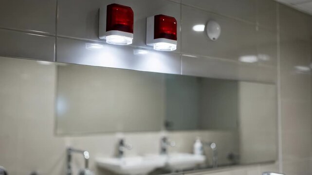 Focused view of strobe alarms mounted high in a bathroom flashing brightly with tiled walls and fixtures out of focus illustrating visual alerting for hearingimpaired users.