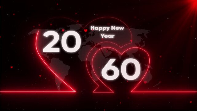Happy New Year 2060 neon heart with futuristic map background and red lights
