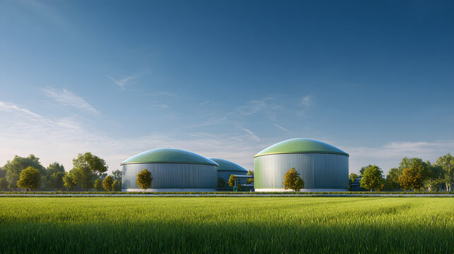 Biomethane plant anaerobic digester tank green dome industrial renewable energy facility in rural landscape with grass field and trees