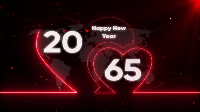 Happy New Year 2065 Futuristic Heart on Dark Background with Glowing Red Lines and Map futuristic new year