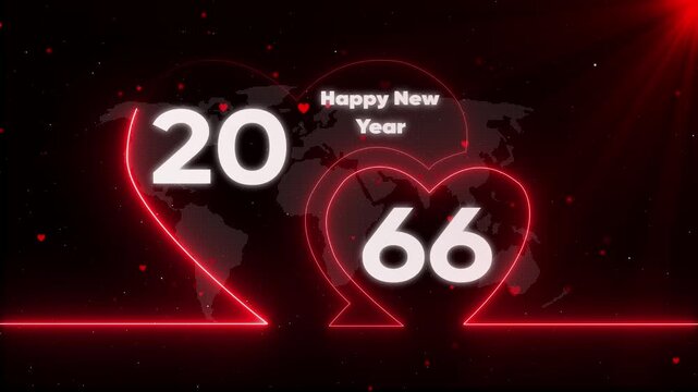 Happy New Year 2066 neon heart with futuristic map background and red lights heart futuristic