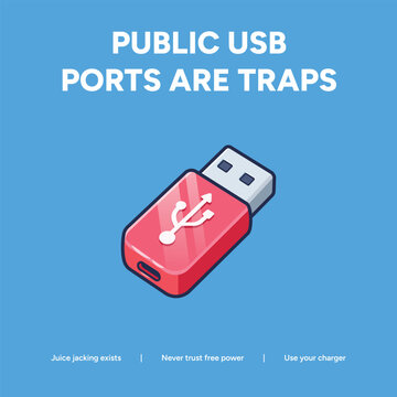 Juice Jacking Prevention Illustration with Red USB Drive and Public USB Ports Are Traps Text on Blue Background