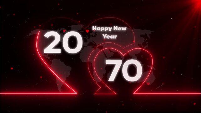 Happy New Year 2070 neon heart with map background and futuristic map red and white