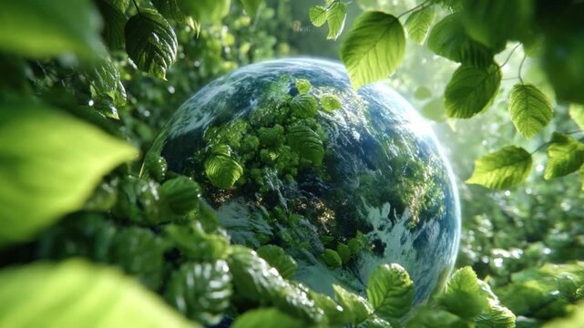 Earth in the Green Embrace: A captivating visual metaphor of the Earth enveloped in a vibrant embrace of green foliage, symbolizing environmental preservation and the delicate balance of nature.