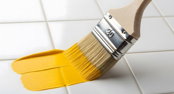 Paintbrush applying yellow paint to white tiles