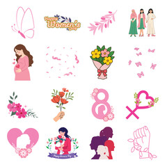 Fototapeta premium Pregnancy and motherhood icon set. Vector pink female profiles flowers and butterflies for Women's Day design