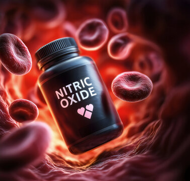 Black plastic vitamin container with nitric acid text on a conceptual red blood cells flowing background for cardiovascular health and circulation supplement promotion.