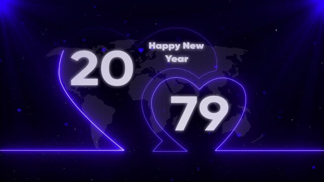 Happy New Year 2079 neon heart with map background heart map