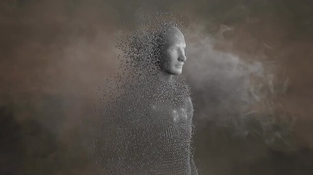 Animation of digital human over smoke on grey background